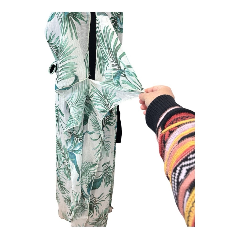 Kona Sol Tropical Palm Leaf Midi Dress Cover Up M Green Resort Vacation Tassel - Picture 4 of 14